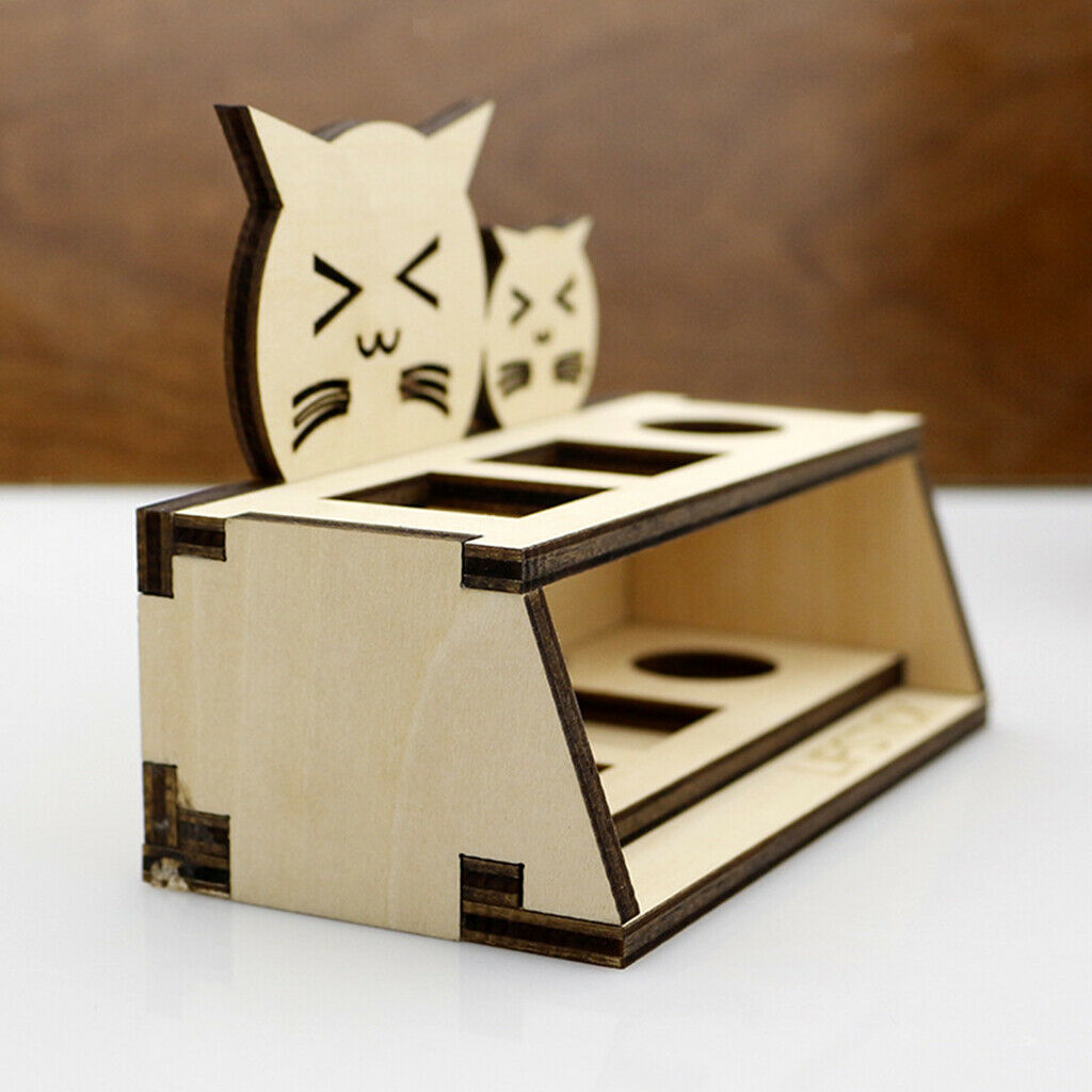 Natural Wooden Lipstick Display Holder Cute Cat 3 Grids Makeup Storage Box