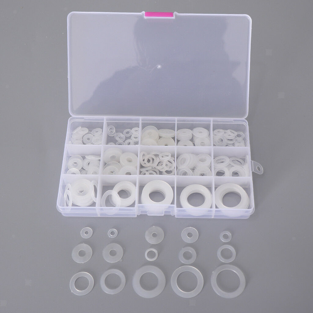 250Pcs [15-SIZE] White Nylon Insulating Flat Washers Gaskets Assortment Set