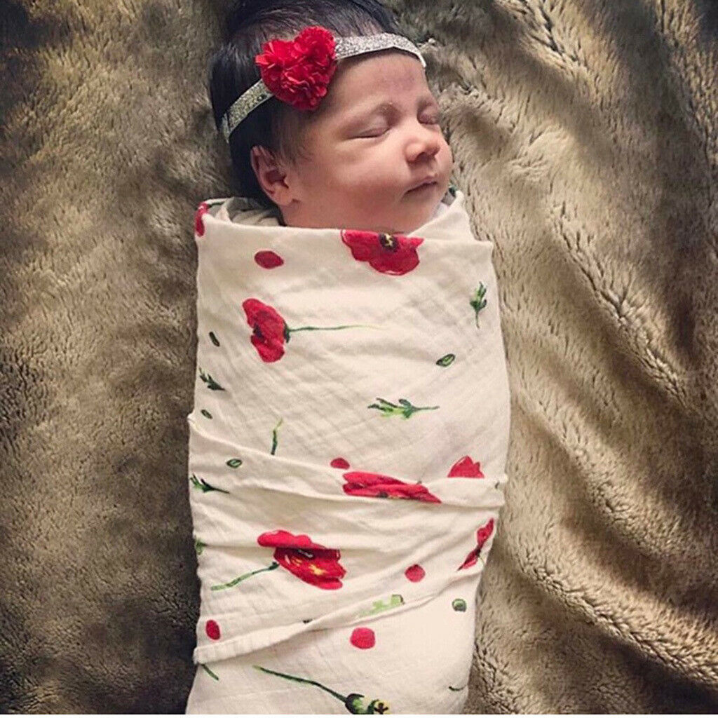 Baby Bamboo Fiber Wrap Towel Infant Swaddle Blankets  Red cherry blossom