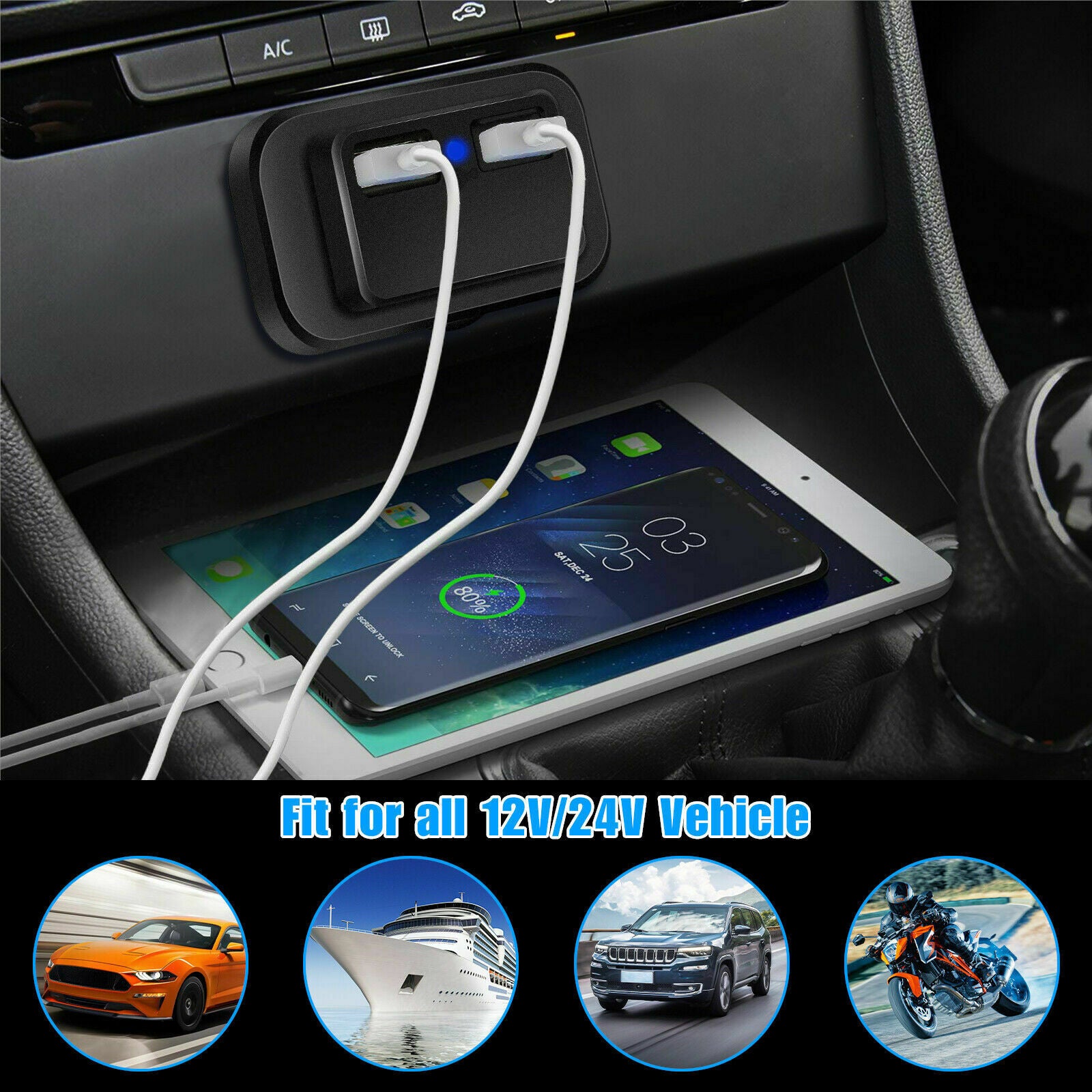 12V/24V LED Dual USB Car Fast Charger Socket Power Outlet For RV Car Boat Marine