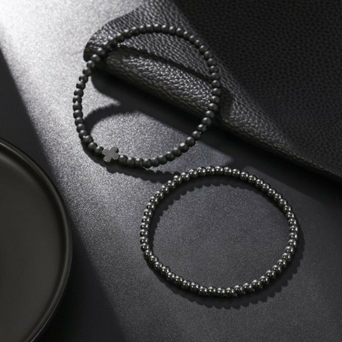 2pcs Cross Cooper Bead Bracelet Men Matte Lava Volcanic Stone Charm Jewelry