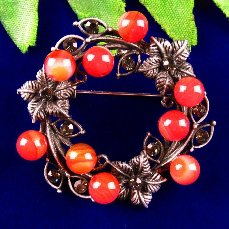 Red Onyx Agate Beads Rhinestone Alloy Enamel Garland Pendant Brooch BL-56