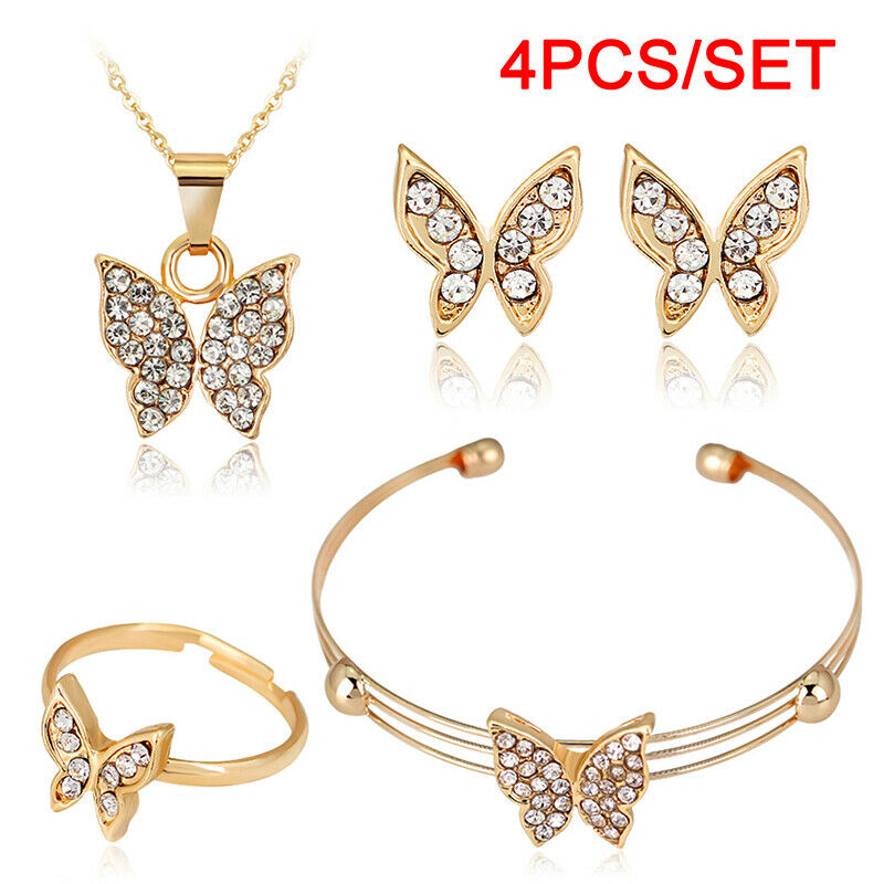 4 PCS Cute Butterfly Shaped Necklace Earrings Sets Jewelry Crystal Sets G.l8