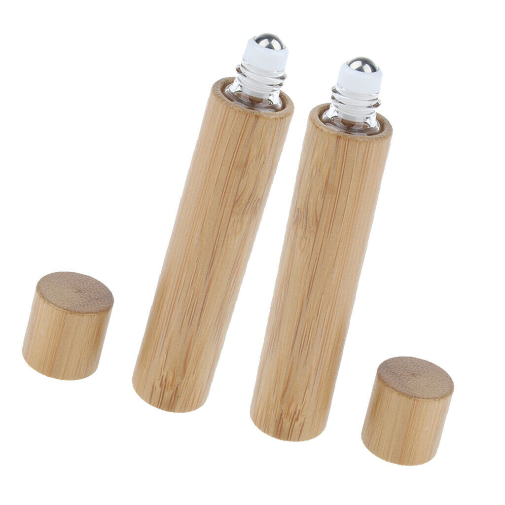 2Pcs Empty Refillable Bamboo Shell Glass Perfume Roller Ball Bottle Cases