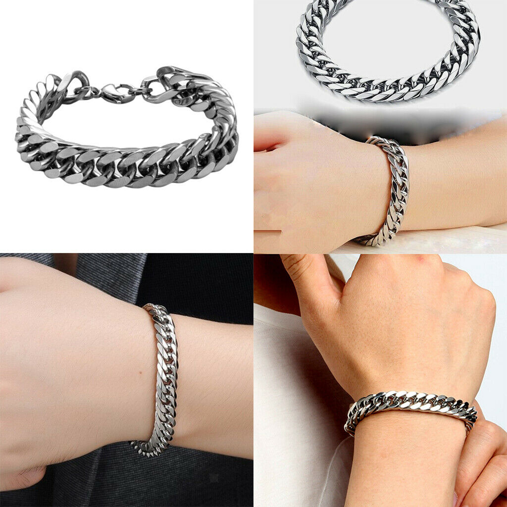 4pcs Casual Men Cuban Link Chain Bracelet Bangle Jewelry Lobster Clasp