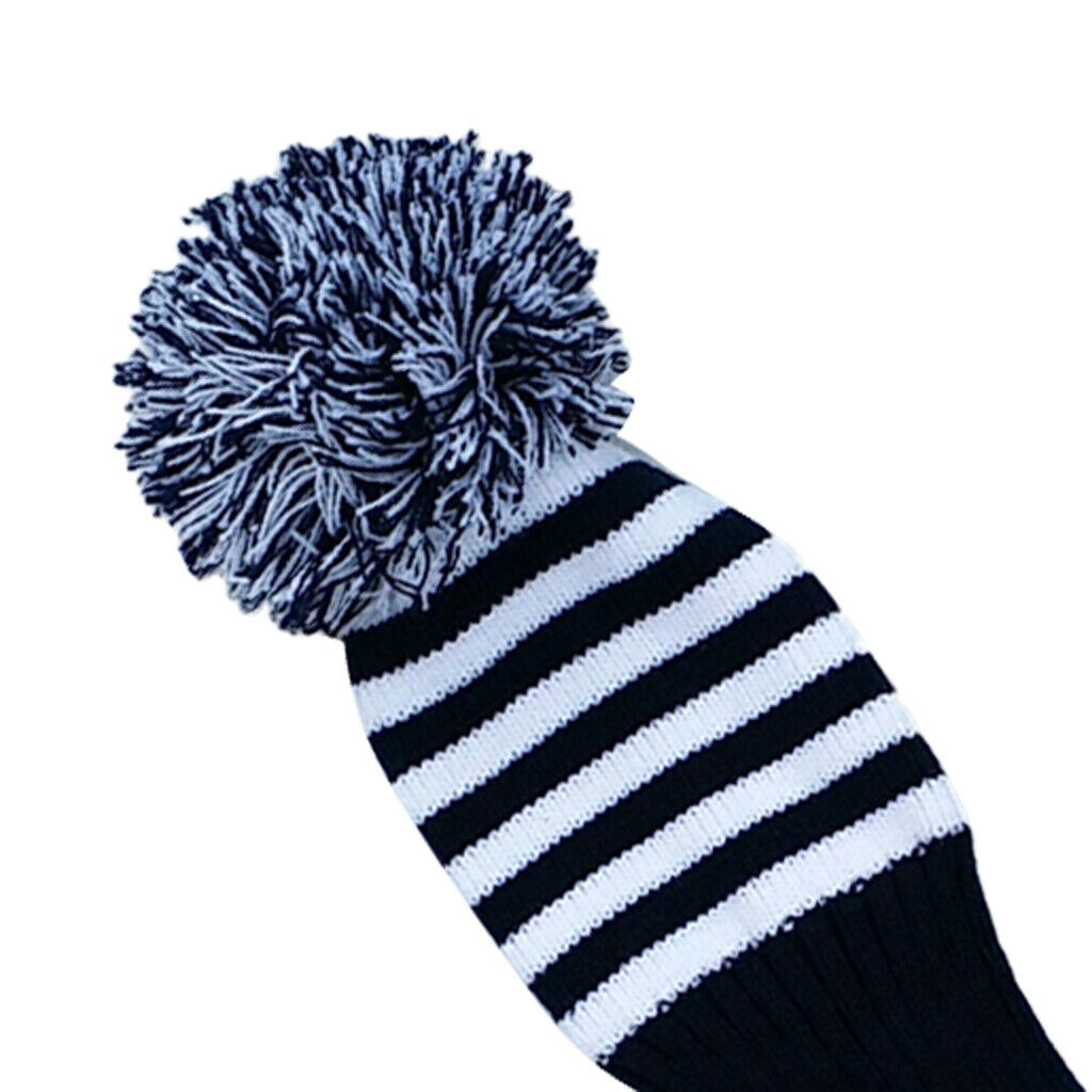 Woolen Yarn White Knit Stripes Pom Pom Golf Club Head Cover Classic Long Neck