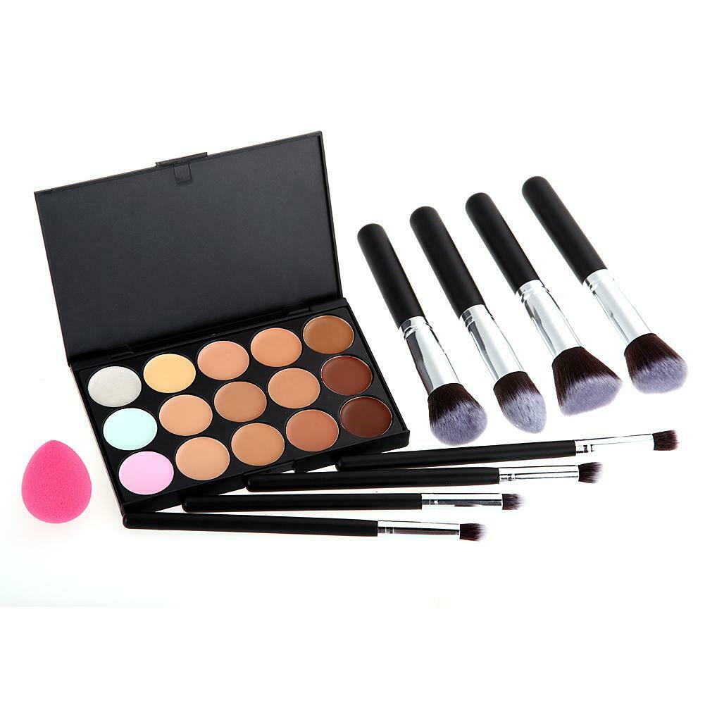 15 Colors Makeup Concealer Palette + 8PC Powder Brush + Sponge Foundation @