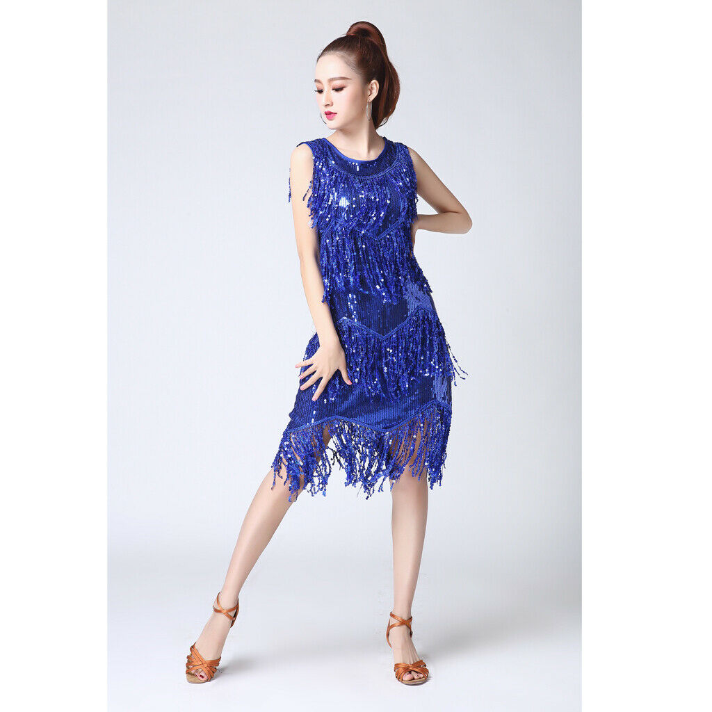 Women Latin Tango Ballroom Dance Costume Sequins Tassel Skirt L Black
