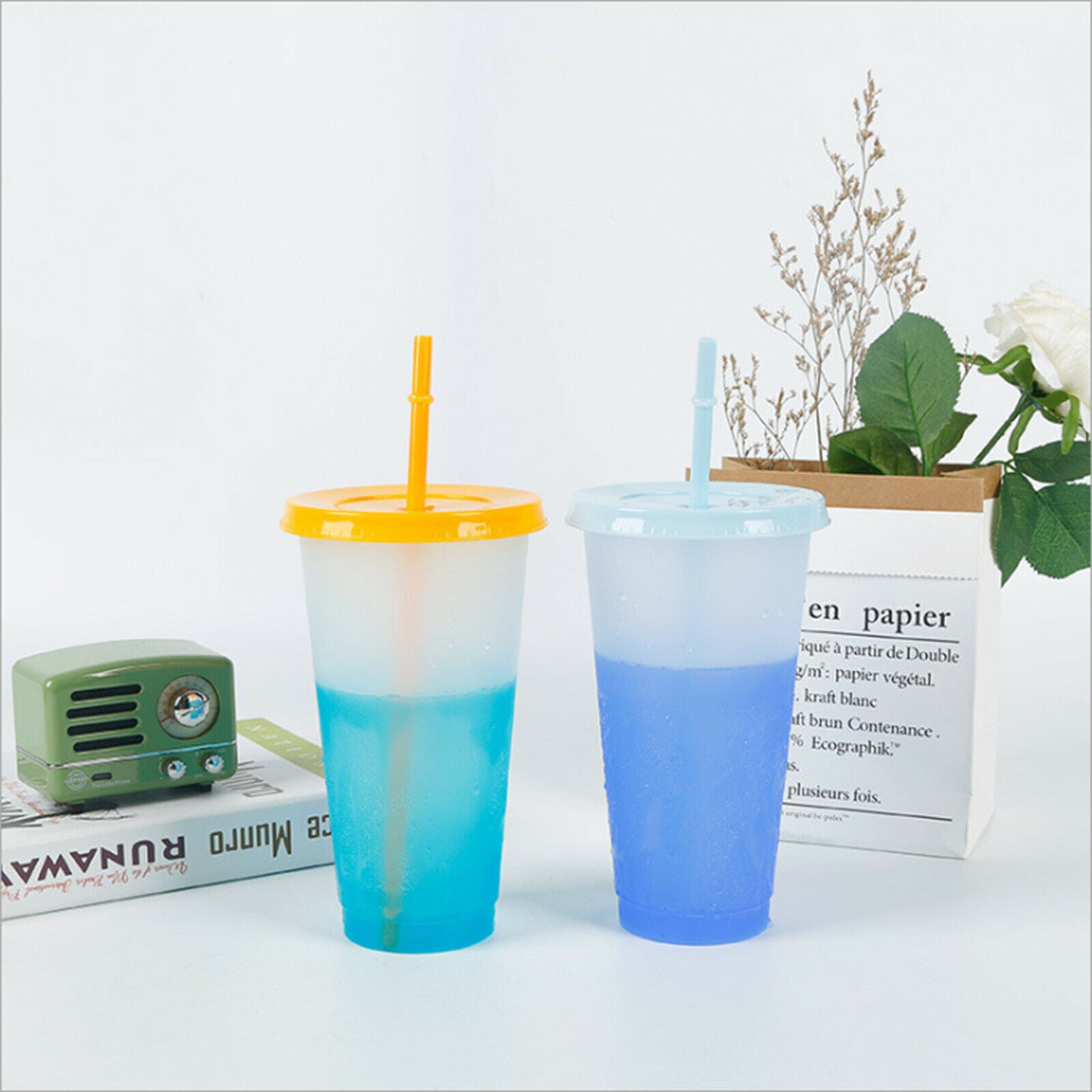 Reusable Color Changing Cups 7pcs Cold Drinks Travel Tumbler with Lid Straw 24oz