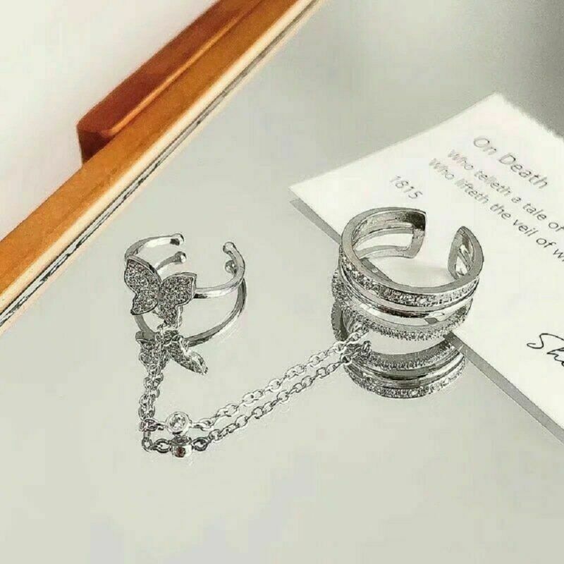 Women 925Silver Butterfly Zircon Ring Adjustable Chain Open Ring Party Jewelry.