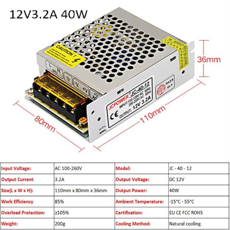 12V 3.2A 40W DC Regulated Switching Power Supply PSU LED Strip CCTV Monitor