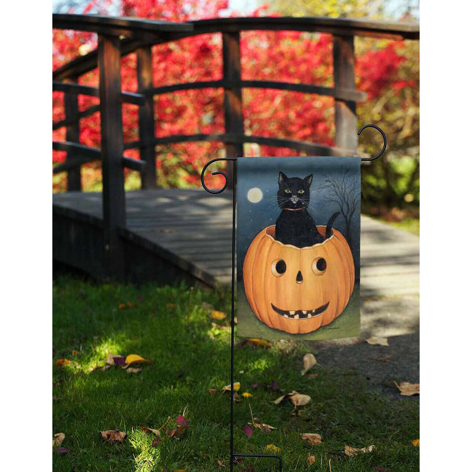 Toland Hallow Cat 12.5 x 18 Americana Black Kitty Moon Pumpkin Garden Flag