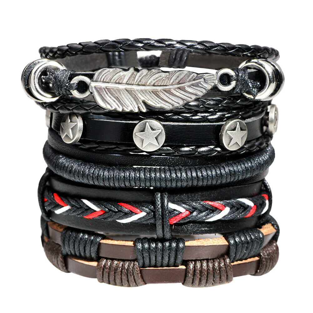 5pcs Multilayer Leather Leaf Owl Bracelet Men Women Wristband Bangle Cuff New HN