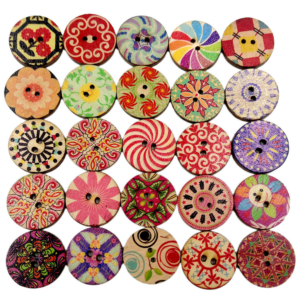 Prettyia 100x 20mm Wooden Buttons Mixed Designs Craft Scrapbook Sew Cards