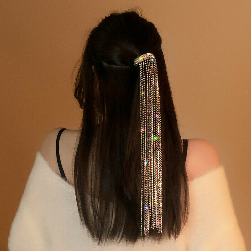 Shine Full Rhinestone Hairpins for Women Long Tassel Crystal Hair AccessorieFCA