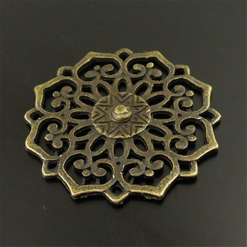 Lot of (x10) Antiqued Bronze Alloy Hollowed Flower Craft DIY Pendant Charm 30mm