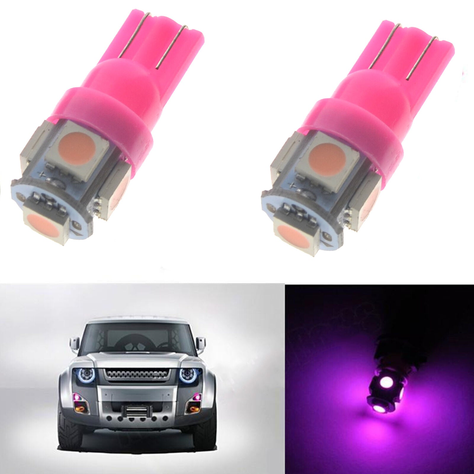 2pcs Bright Pink T10 Wedge 5-SMD 5050 LED Light bulb W5W 2825 158 192 168 194 QY