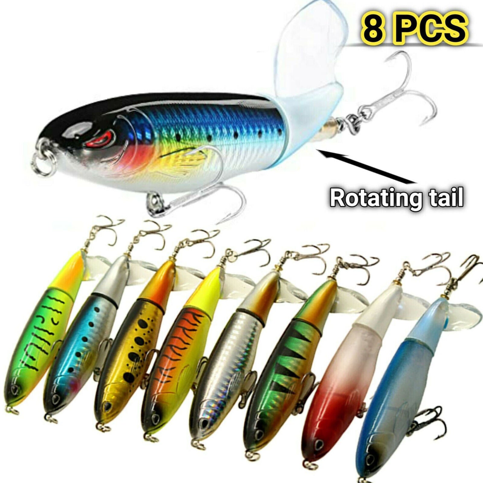 Fishing Lures Whopper Plopper Water Top Baits Rotating Tail Bass Trout 8 Packs