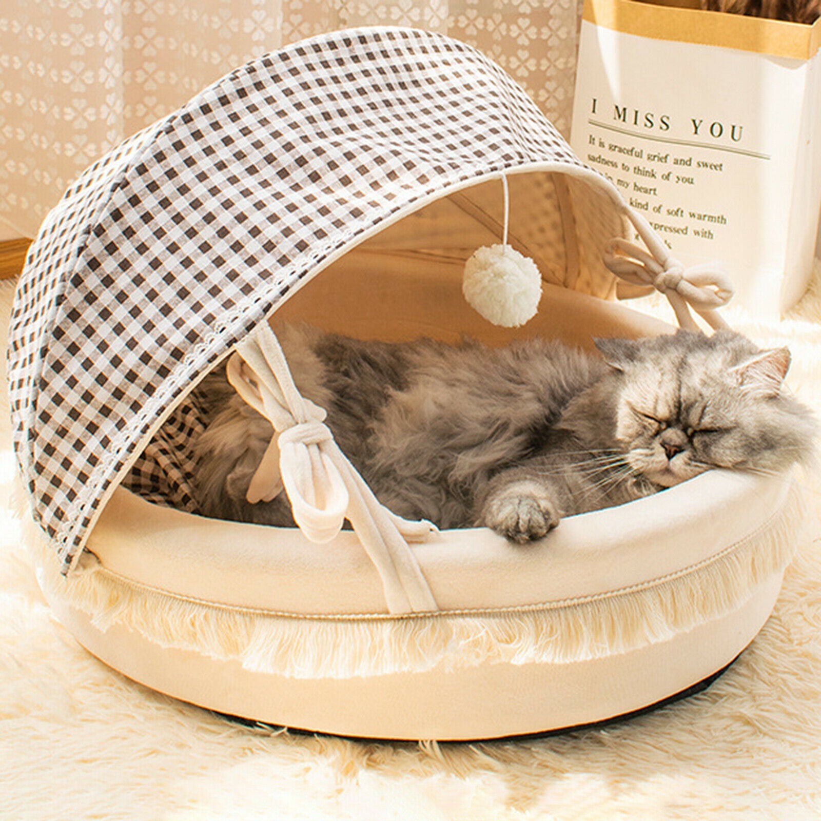 Cat House with Foldable Cover Anti Slip Bottom Pet Nest Bed for Indoor Cats