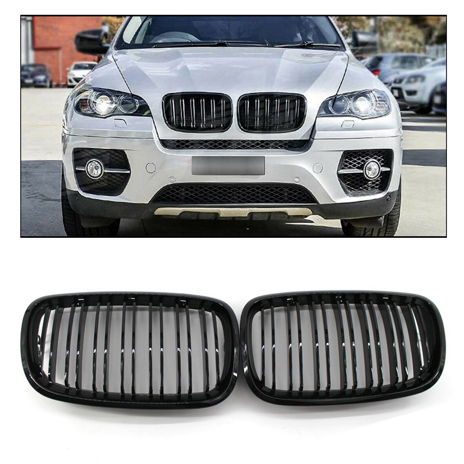 Black Front Double Line Grill Grille Fit for BMW E70 E71 X5M X6M 2007-2013