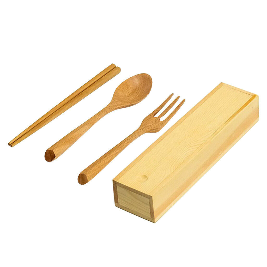 3PCS Wooden Chopsticks Spoon Fork Set with Box Japanese Style Eco-Friendly