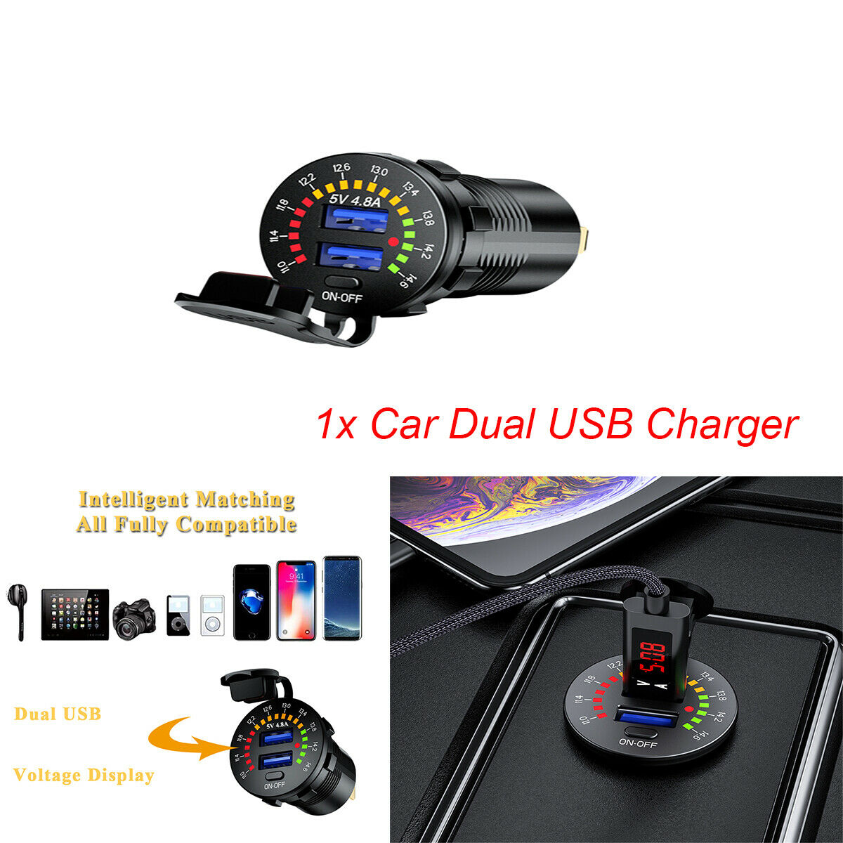 1PCS Car Dual USB Socket 4.8A Phone Charger Black with LED Voltmeter Switch