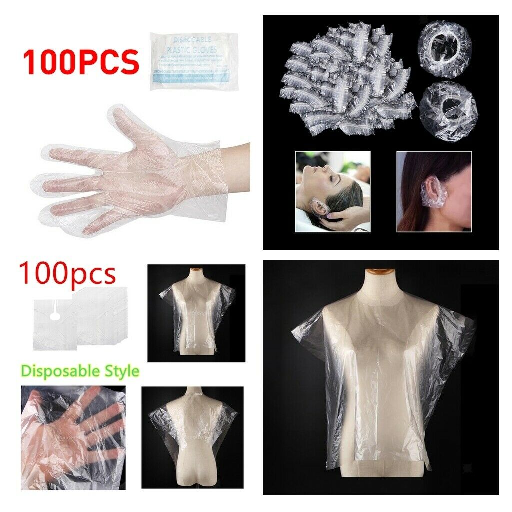 100x Waterproof Disposable Hair Cut Cape Gown Capes + Ear Covers Gloves