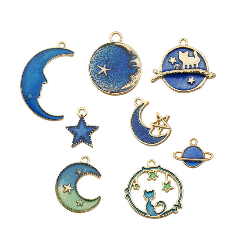 8PC Cute Moon/Star/Planet Enamel Charm Pendant for DIY Earrings/Bracelet .l8