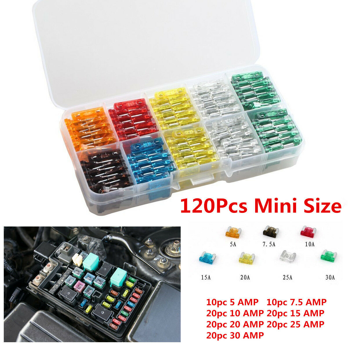 120Pcs Assorted Car Mini Low Profile Fuse 5,7.5,10,15,20,25,30 AMP ATM APM Sales