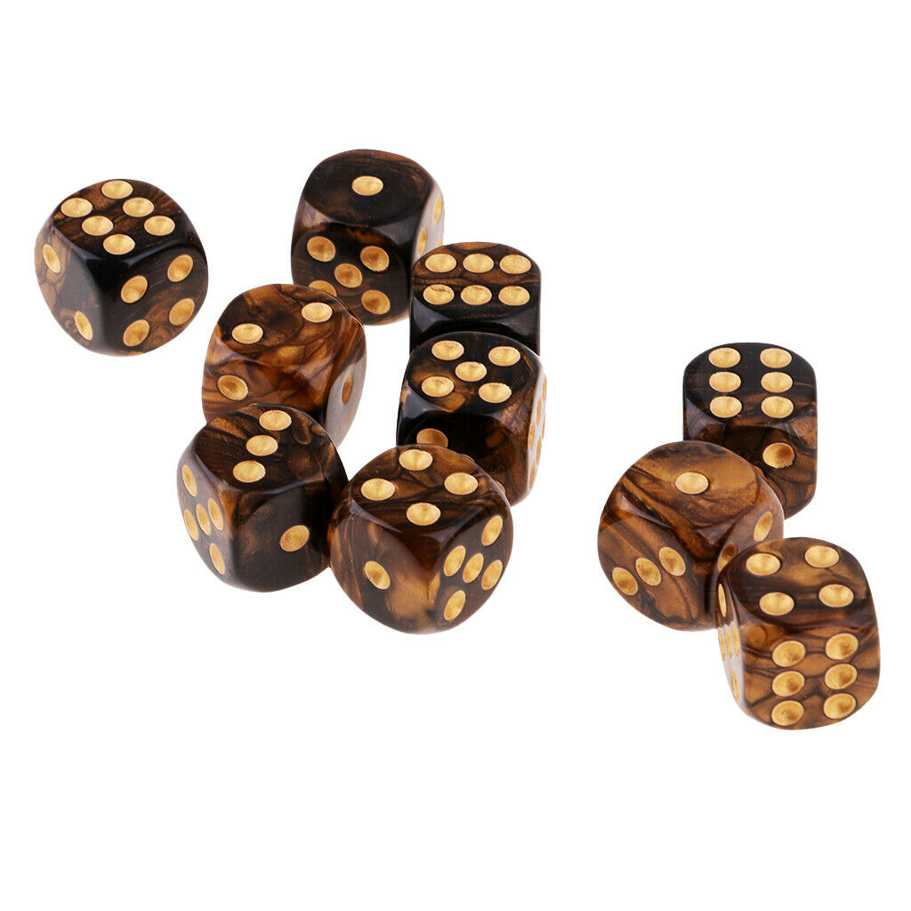 Set of 10 Six Sided Opaque D6 16mm Standard Dice Double Color Black&Golden