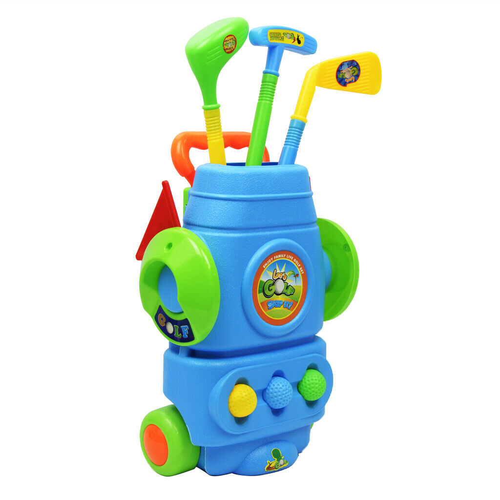 Kids Blue Golf Club Playset – Golf Cart with Wheels, 3 Clubs, 3 Balls and 2