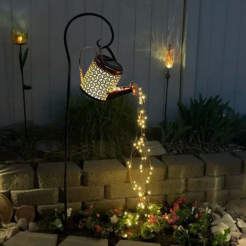 Iron Hollow Out Lamp Metal Solar Powered Watering Can Sprinkles Fairy Li KX