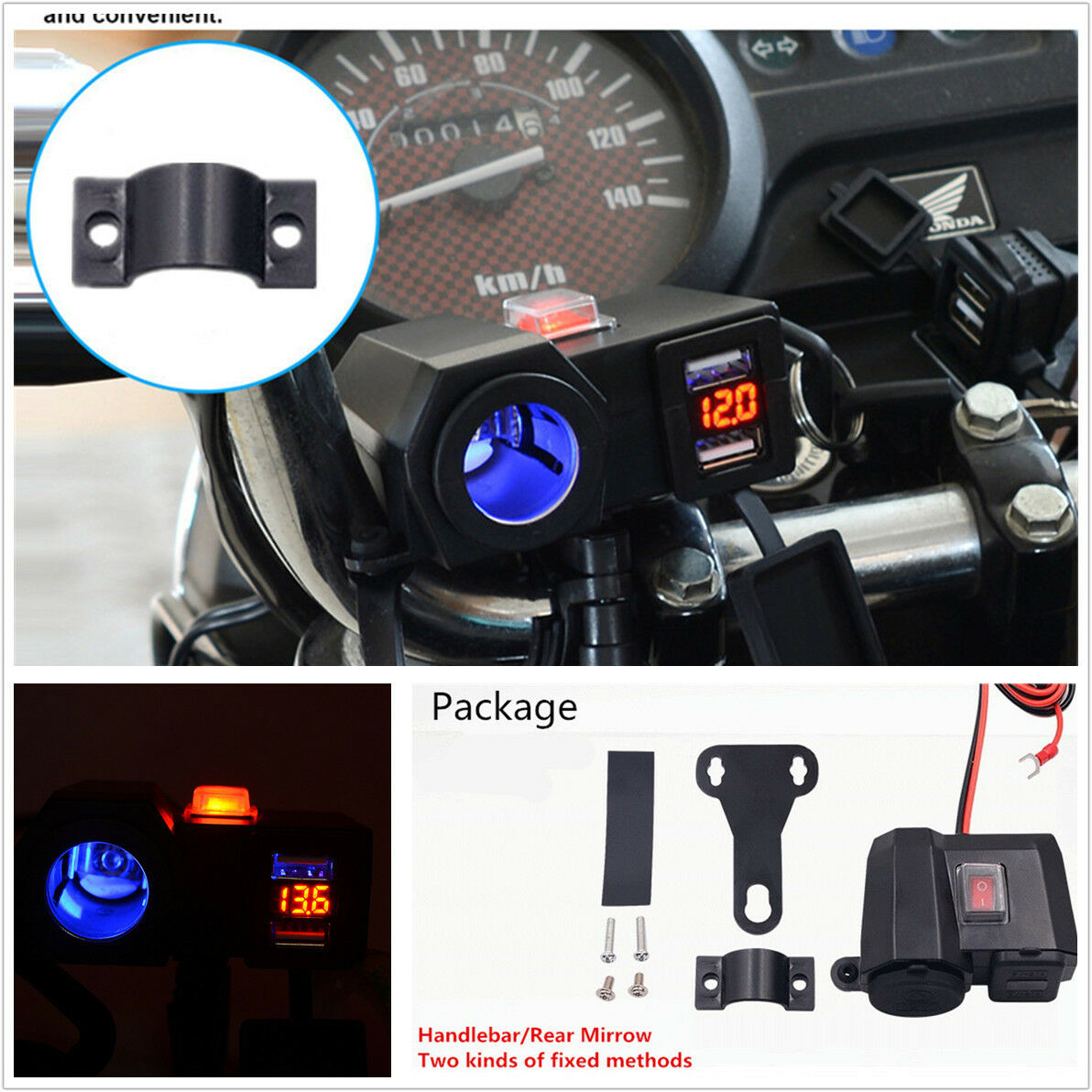 Motorcycle 12V Dual USB Power Port Charger Blue LED Adapter Cigarette Lighter