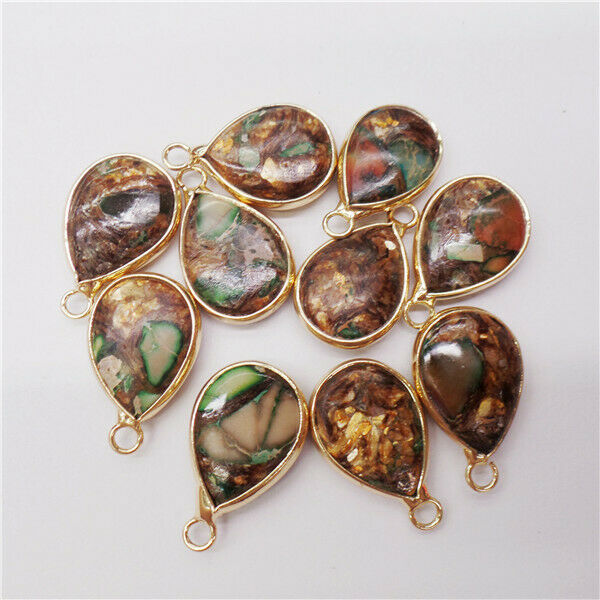 10Pcs Golden Wrapped Green Sea Sediment Jasper & Pyrite Teardrop Pendant HH8971