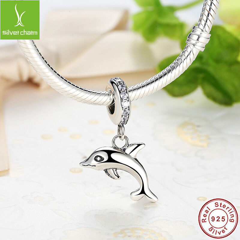 Women Girls Naughty Playful Dolphin Clear CZ Bead 925 Charm For Christmas Gift