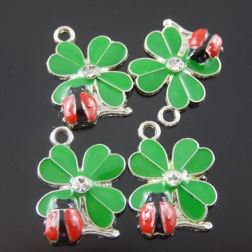 10pcs Green And Red Color Clover  ladybug Enamel Pendant Charm Finding 37058