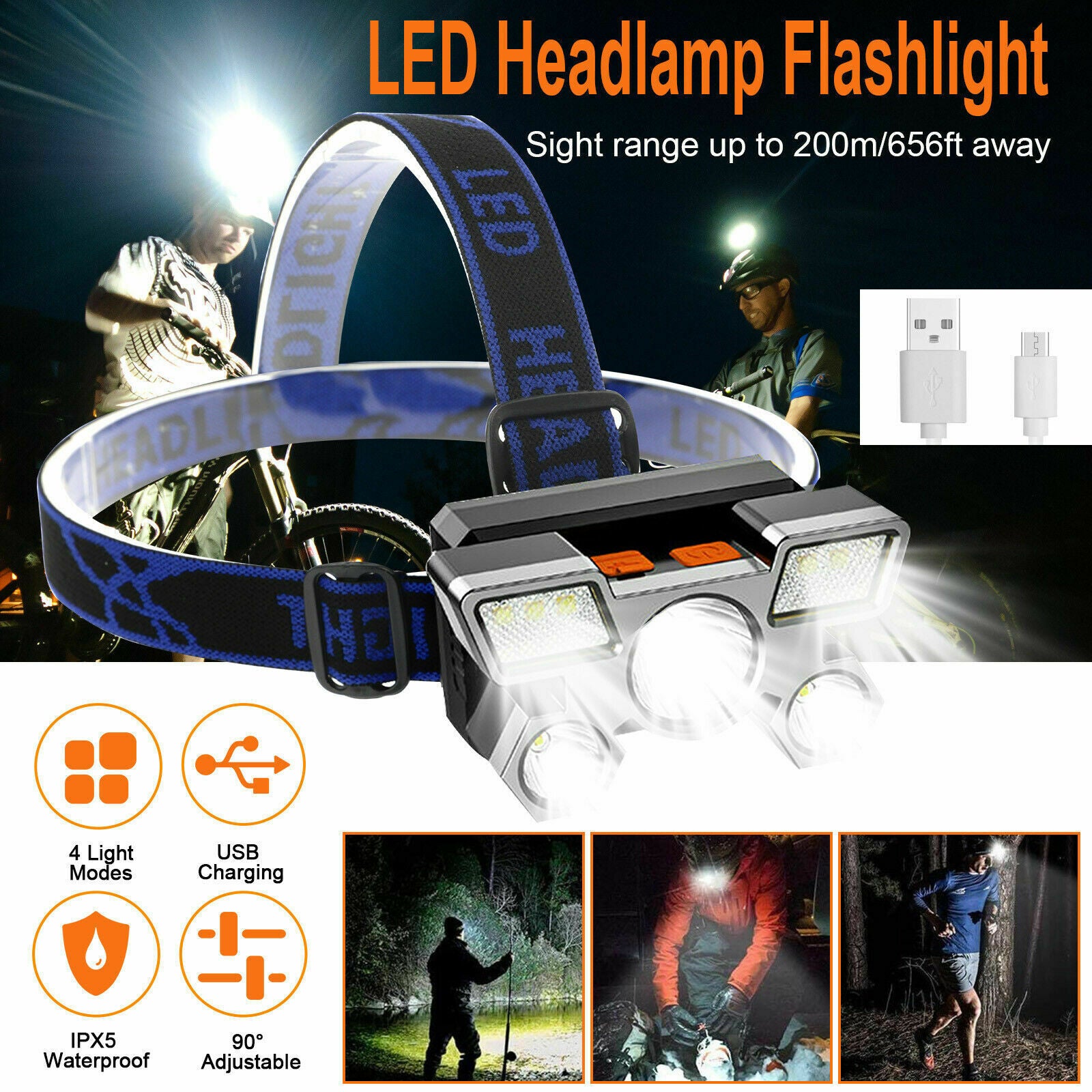 Waterproof 5LED Headlamp USB Rechargeable Headlight Torch Flashlight Light 4Mode