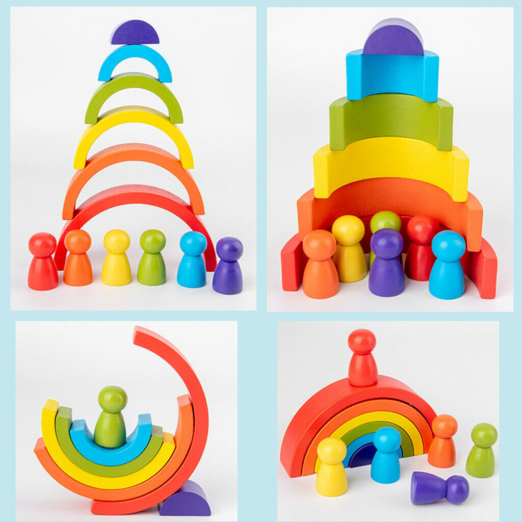 12Pcs Wood Rainbow Color Stacking Blocks Fun Building Nesting Toys for Kids Boys