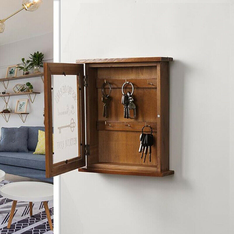 Wooden Key Box Cabinet Wall Mounted Keys Hooks Storage Holder With 6 HooksBDAU