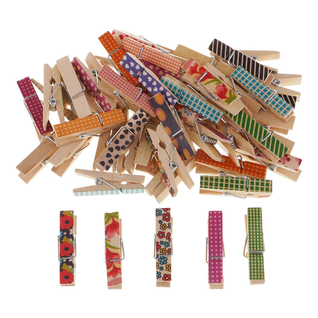 50X Home /Office Display Patterned Clothespins Wooden Photo Paper Peg DIY