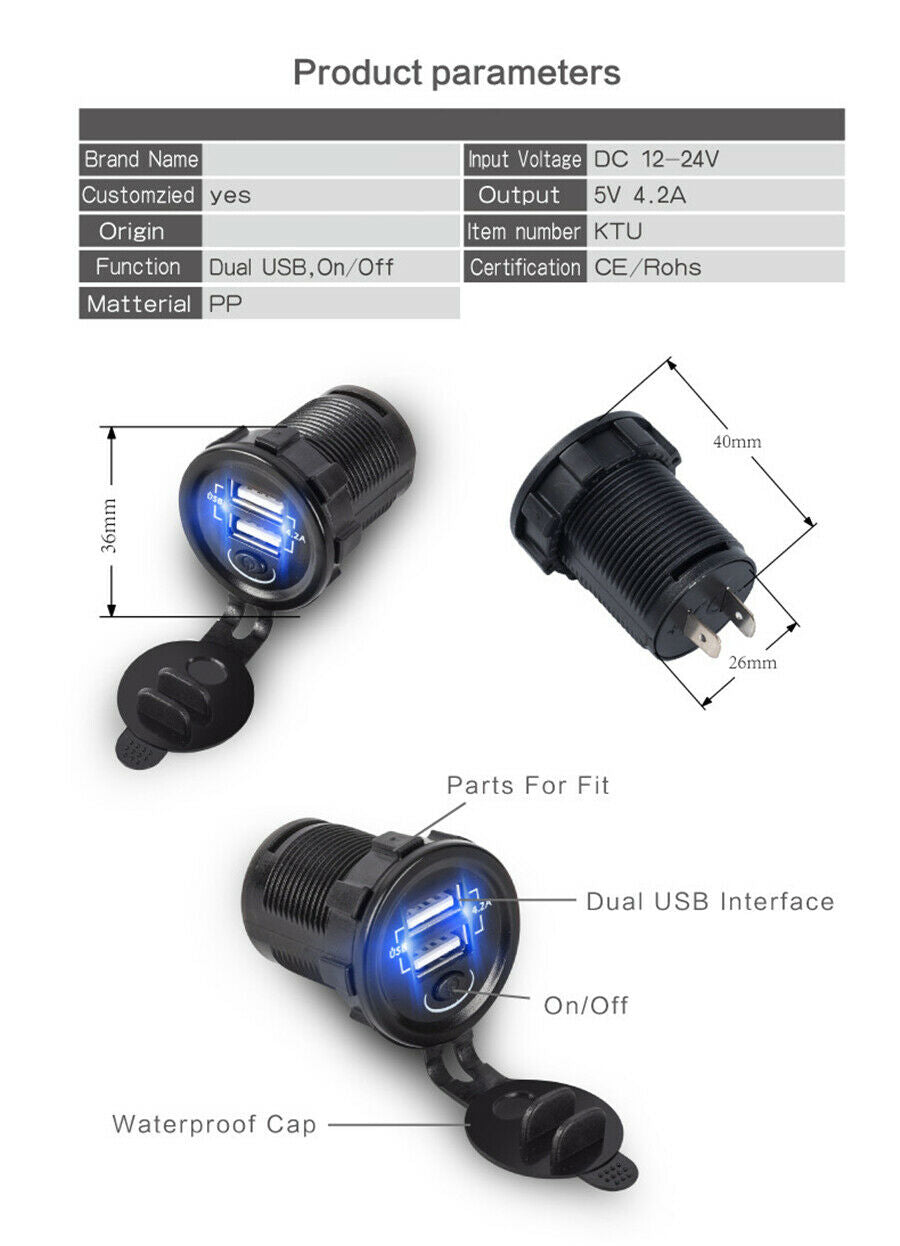 Dual USB Port Car Charger Fast Charging 5V 2.1+2.1A Voltage Design Waterproof
