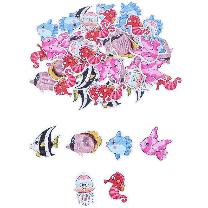 50PCs Wooden Buttons Colorful Mixed Fish Scrapbook Sewing Accessories DIY.l8