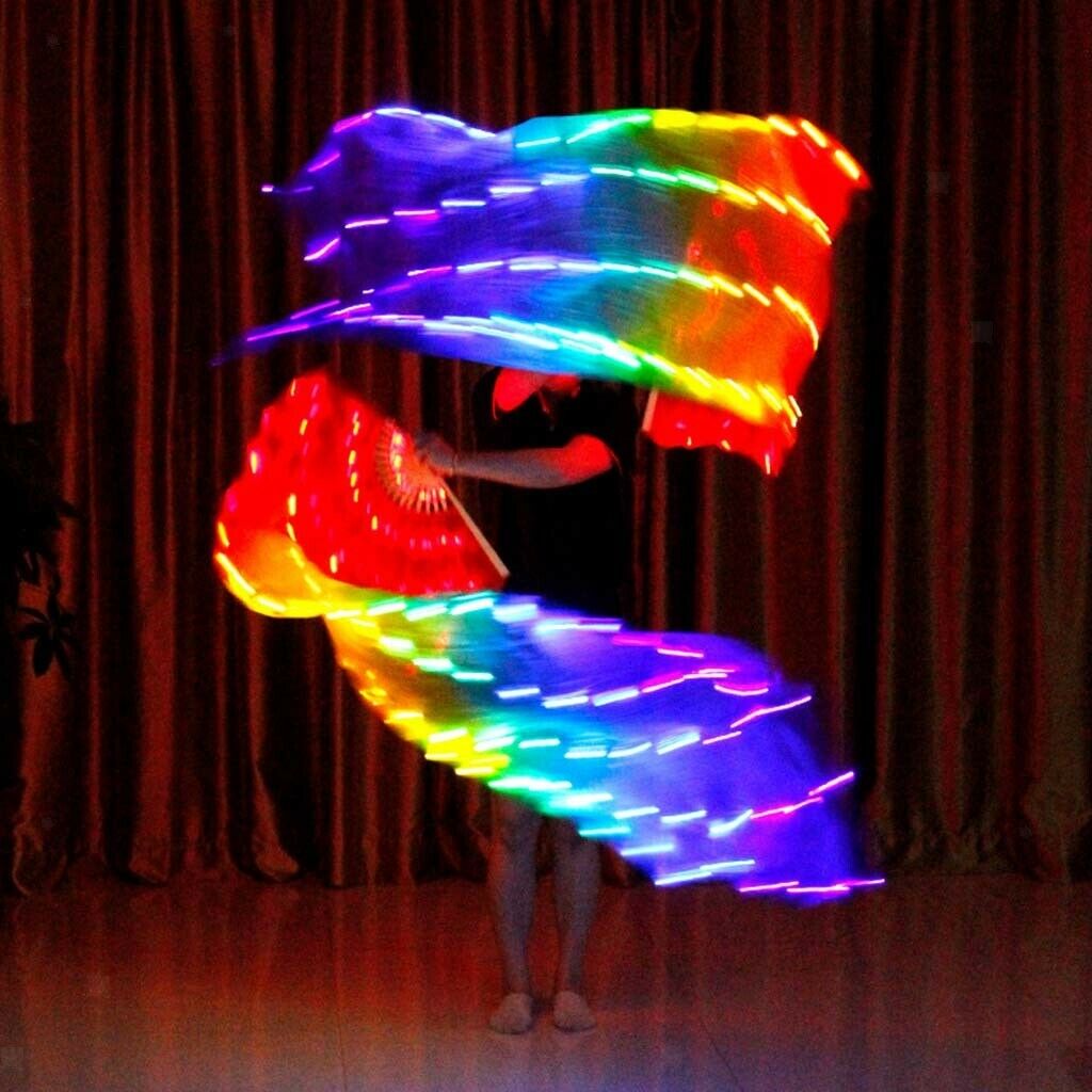 Real Silk Folding LED Lights Belly Dance Fan Veils Stage with USB Cable