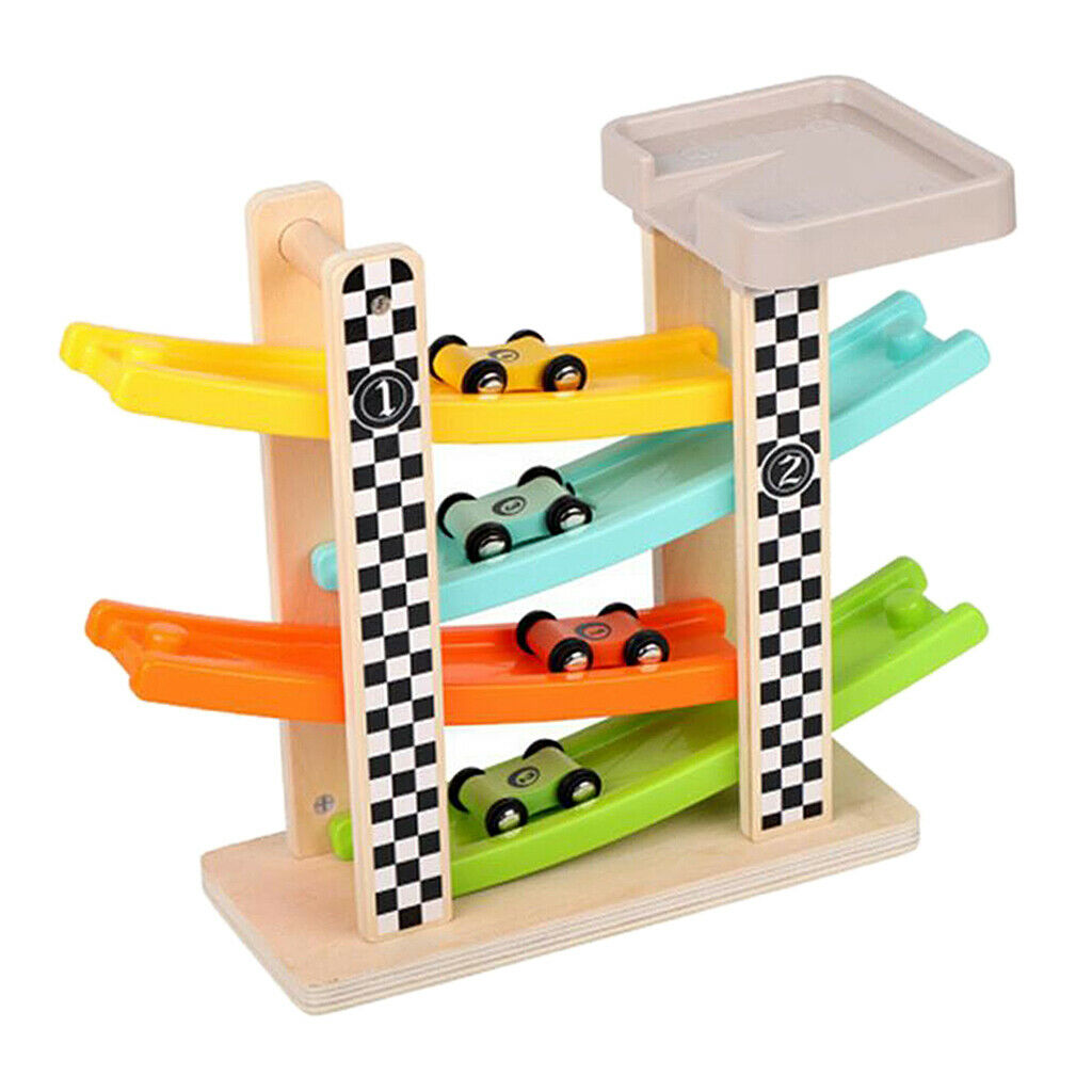 Montessori Wooden Gliding Tracks with 4 Cars Toys Playset for Children Gift
