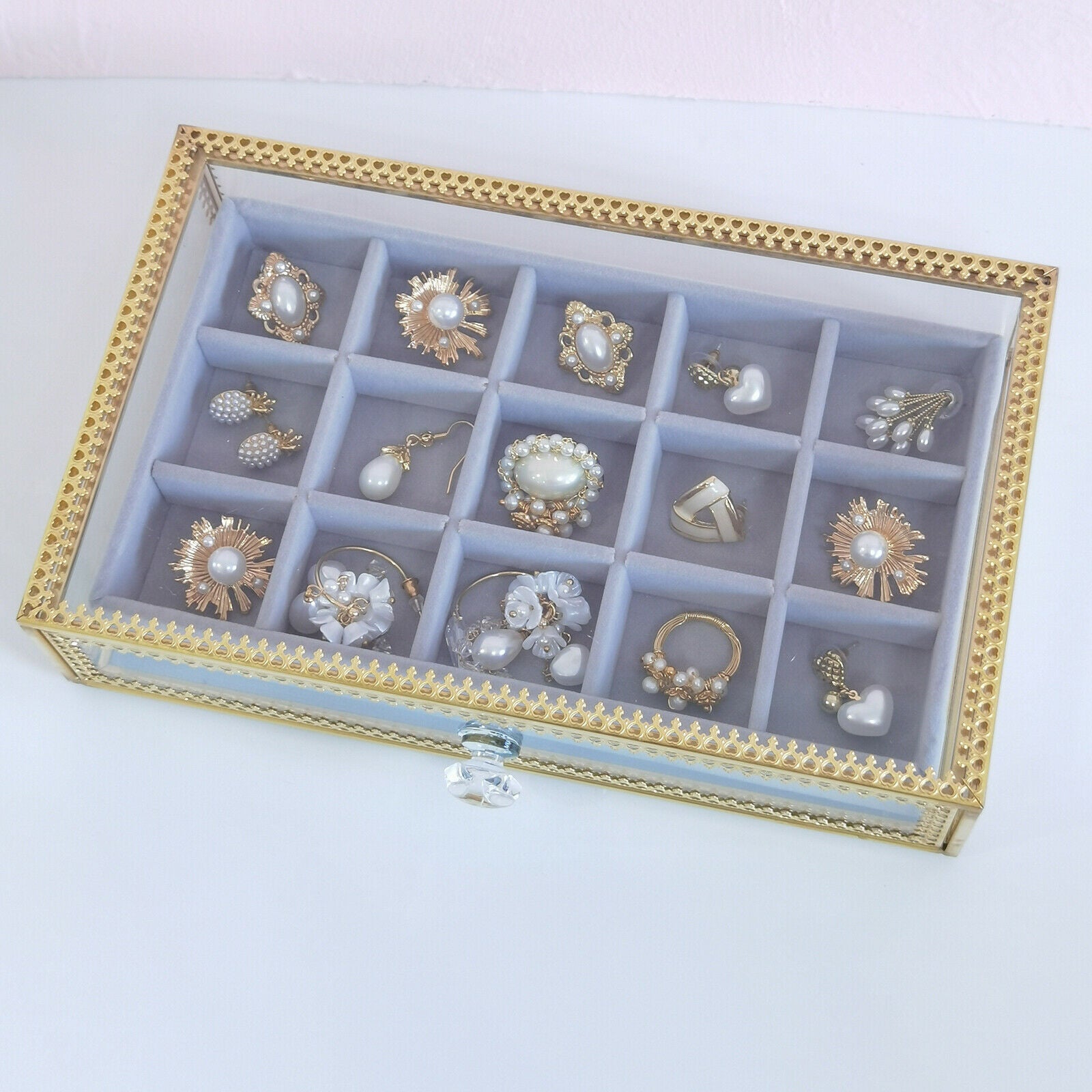 Glass Jewelry Box Organizer w/ Lids Necklace Display Storage Rings Holder