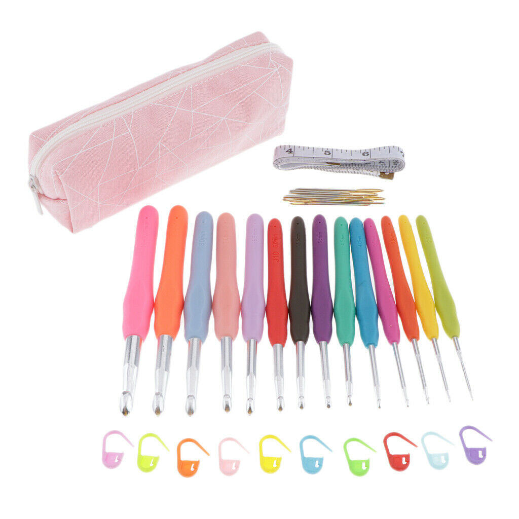 Crochet Hooks Kit - 14pcs Knitting Hook and 10 Crochet Locking Marker Pink