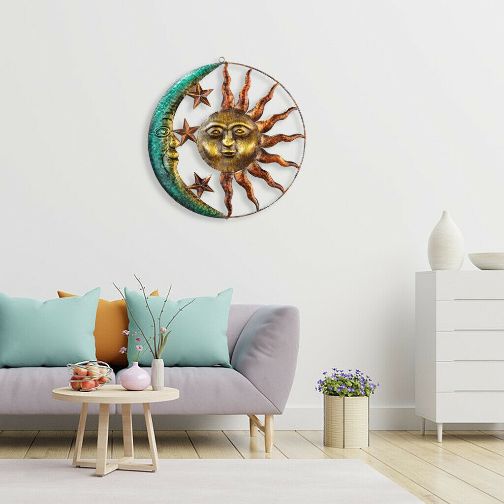 Retro Iron Sun Moon Ornaments Window Wall Hanging Plaque Decoration 29cm