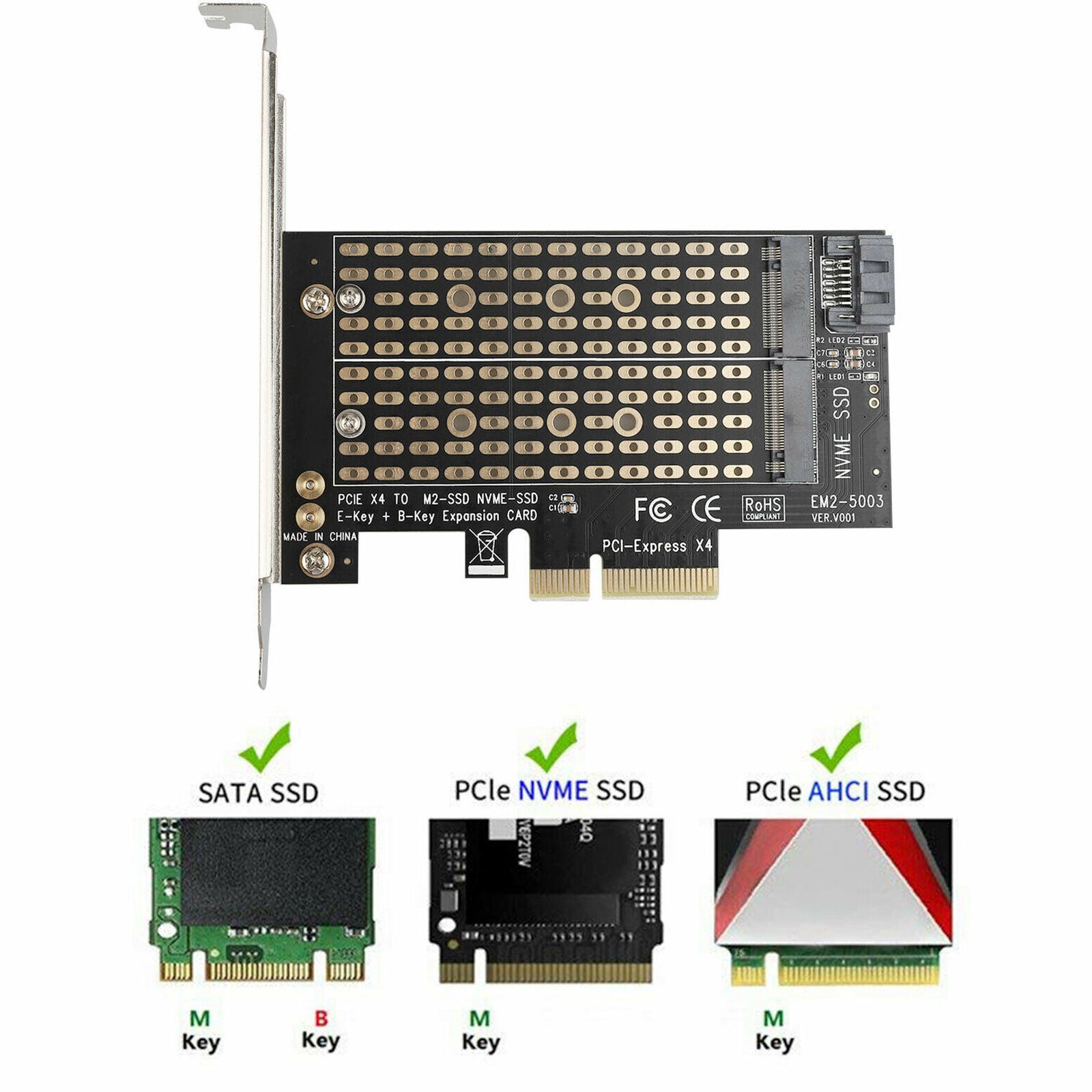 M.2 NGFF to Computer SATA Dual SSD PCI PCIe x4 x8 x16 NVMe Express Adapter Card