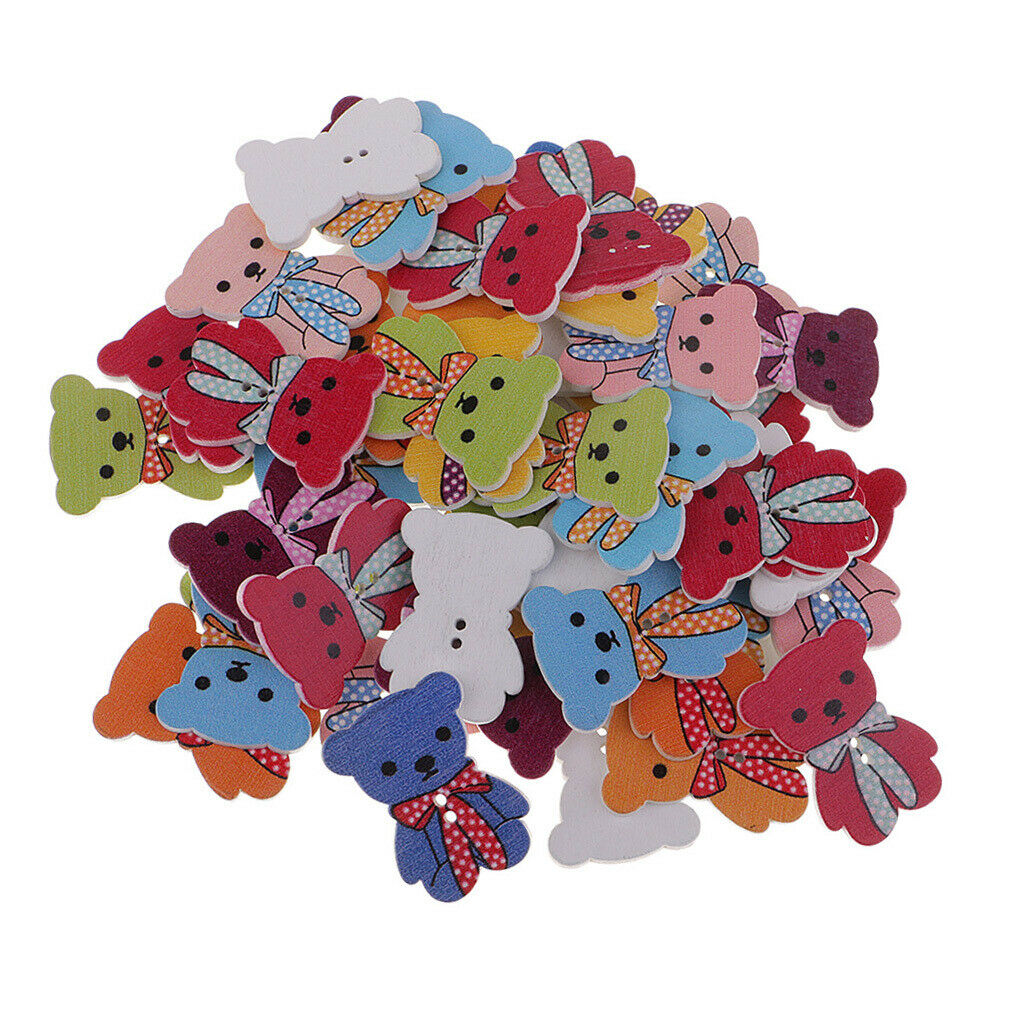 50Pcs Cute WOOD Cartoon Bear Wooden Buttons Kids Baby Cloth DIY Sewing Craft