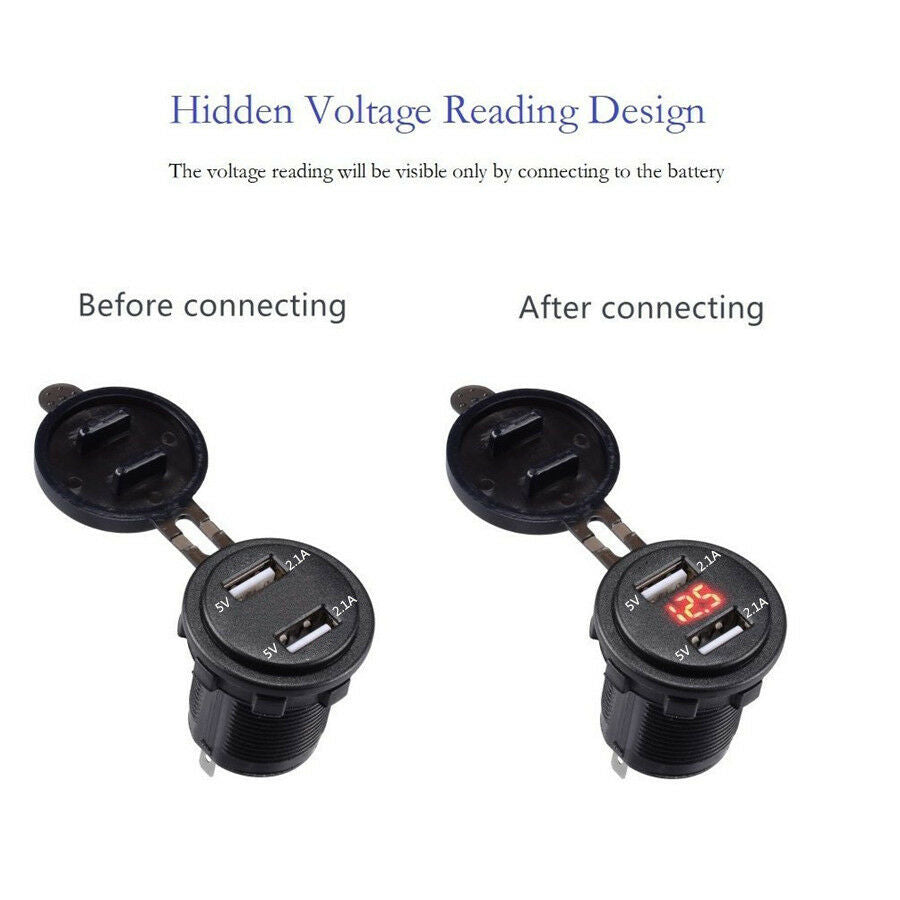 4.2A Dual USB Charger Socket Red LED Voltmeter for 12V-24V Car Truck Motorcycle